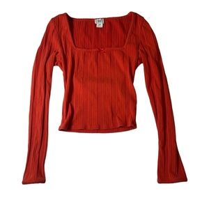 BDG Top Womens Size Small Petite Red Crop Square Neck Ribbed Long Sleeve Bow Det